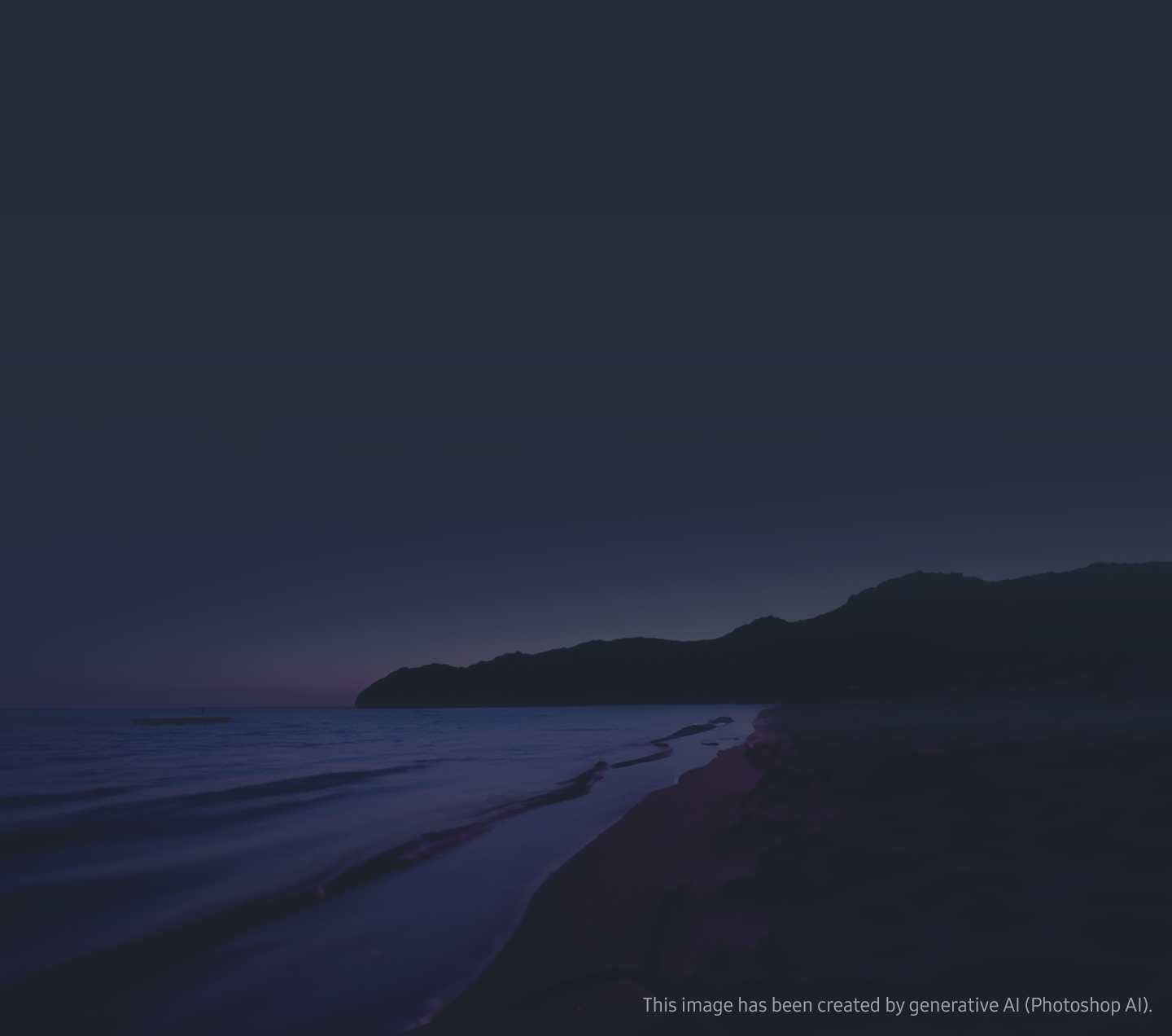 The Galaxy Z Fold 6 Navy is shown facing front to back, with the display and camera facing each other. In the background of the product is a dark beach at night, gently illuminated by the moonlight. Background image has been created by generative AI (Photoshop AI).