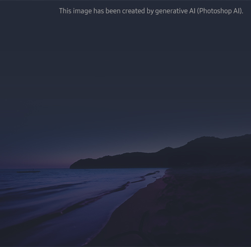 The Galaxy Z Fold 6 Navy is shown facing front to back, with the display and camera facing each other. In the background of the product is a dark beach at night, gently illuminated by the moonlight. Background image has been created by generative AI (Photoshop AI).