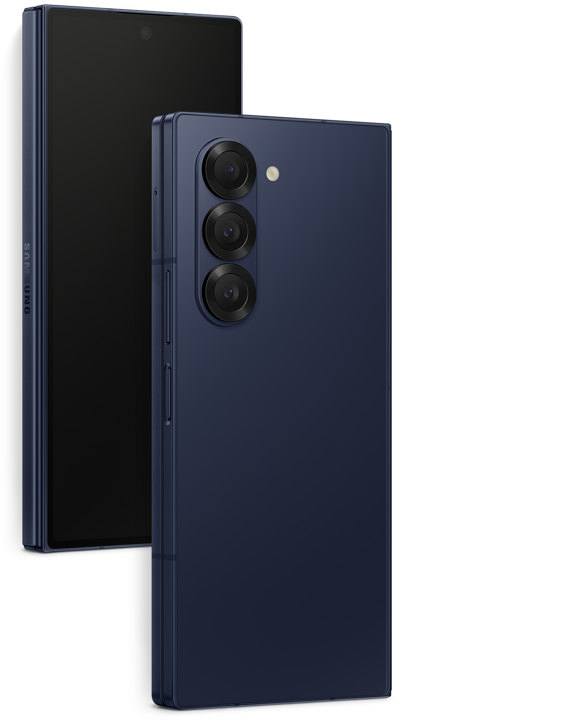The Galaxy Z Fold 6 Navy is shown facing front to back, with the display and camera facing each other. In the background of the product is a dark beach at night, gently illuminated by the moonlight. Background image has been created by generative AI (Photoshop AI).