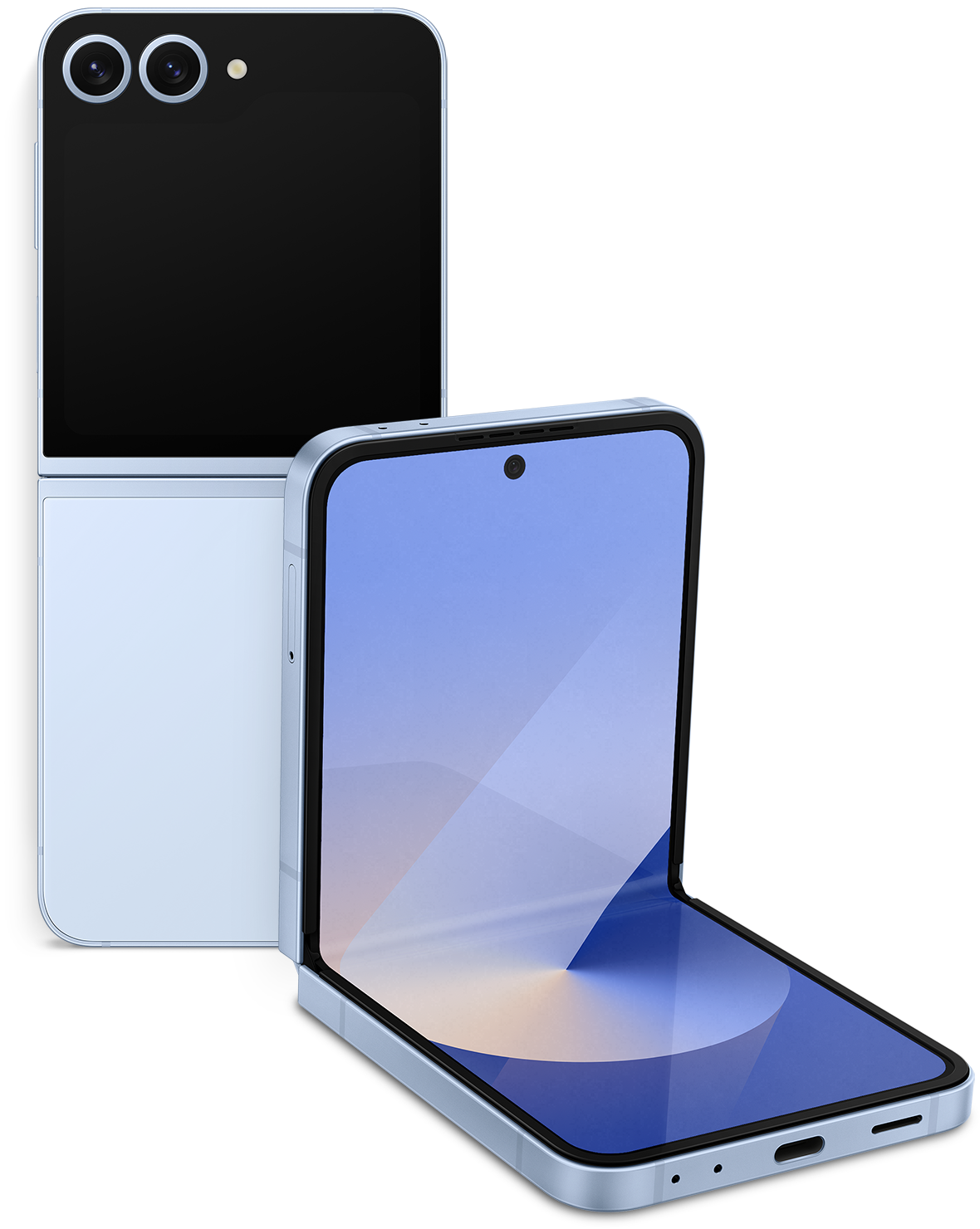 A wide-open Galaxy Z Flip 6 Blue with the camera visible, and a Z Flip 6 Blue in front of it, open at ninety degrees, showing the wallpaper screen. The product background is an image of Light reflected in blue waves with a shimmer. Background image has been created by generative AI (Photoshop AI).