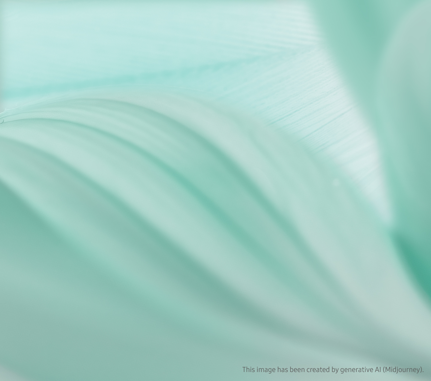 The Galaxy Z Flip 6 Mint is shown wide open, showing the camera, and in front of it is the Z Flip 6 Mint, open at ninety degrees, showing the wallpaper screen. In the background of the product is an image showing the fine grain of a mint leaf. Background image has been created by generative AI (Midjourney).