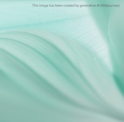The Galaxy Z Flip 6 Mint is shown wide open, showing the camera, and in front of it is the Z Flip 6 Mint, open at ninety degrees, showing the wallpaper screen. In the background of the product is an image showing the fine grain of a mint leaf. Background image has been created by generative AI (Midjourney). 