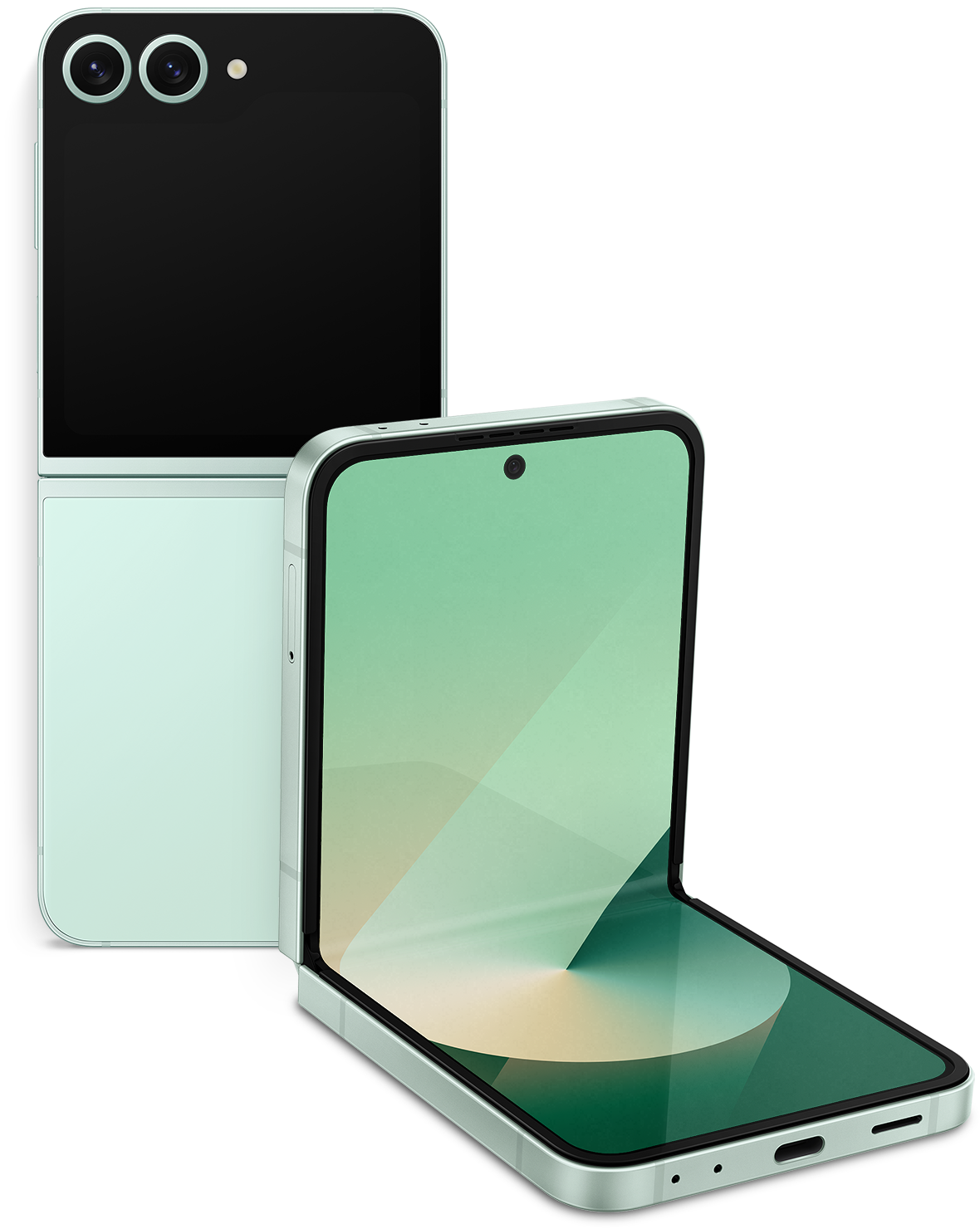 The Galaxy Z Flip 6 Mint is shown wide open, showing the camera, and in front of it is the Z Flip 6 Mint, open at ninety degrees, showing the wallpaper screen. In the background of the product is an image showing the fine grain of a mint leaf. Background image has been created by generative AI (Midjourney).