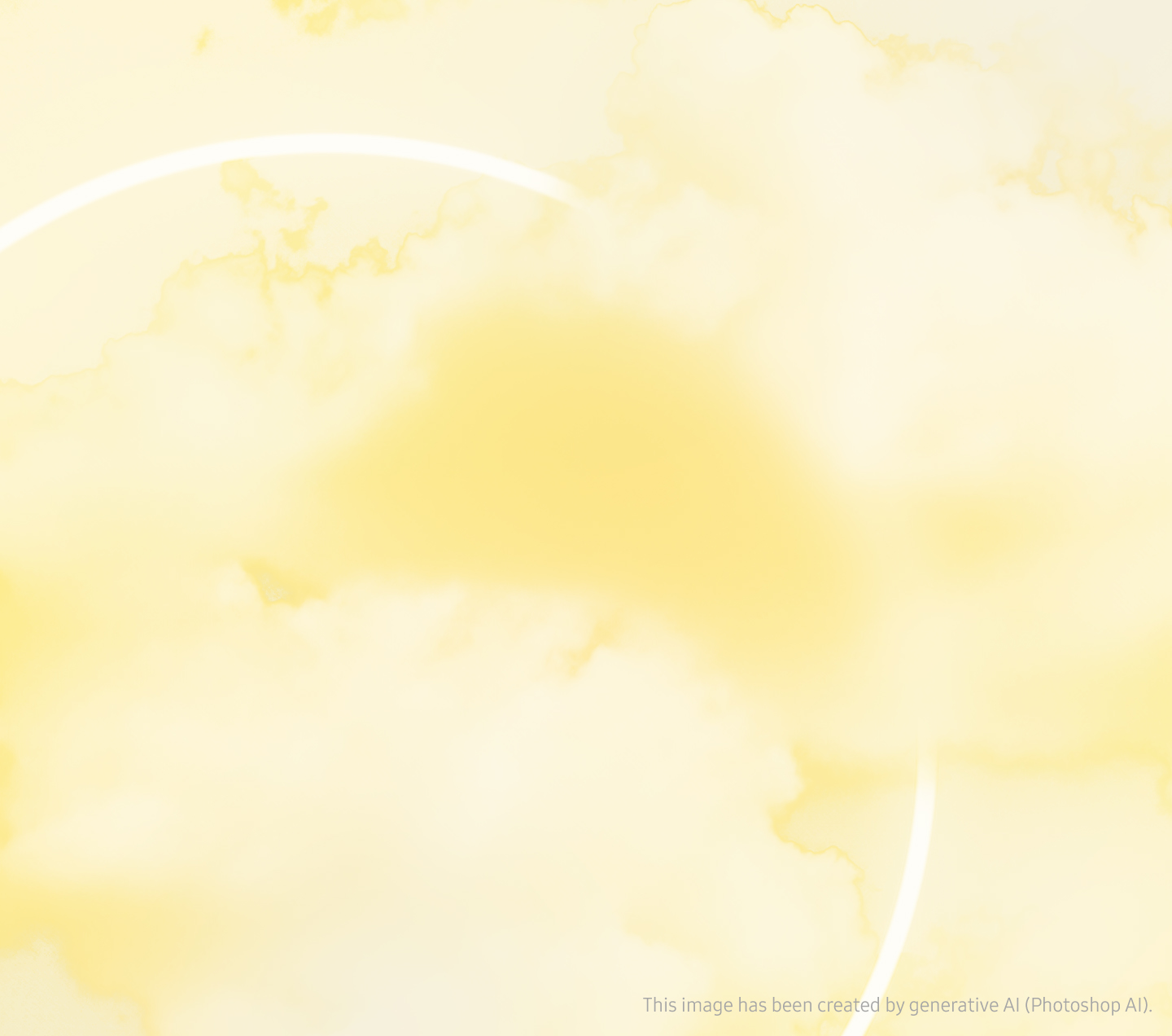 A Galaxy Jet Flip Six Yellow with the camera open and visible, and a Jet Flip Six Yellow with the camera open at ninety degrees in front of it, showing the wallpaper screen. The product background is an image of a single white circular ring peeking through yellow puffy clouds. Background image has been created by generative AI (Photoshop AI).