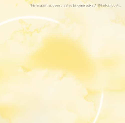 A Galaxy Jet Flip Six Yellow with the camera open and visible, and a Jet Flip Six Yellow with the camera open at ninety degrees in front of it, showing the wallpaper screen. The product background is an image of a single white circular ring peeking through yellow puffy clouds. Background image has been created by generative AI (Photoshop AI).