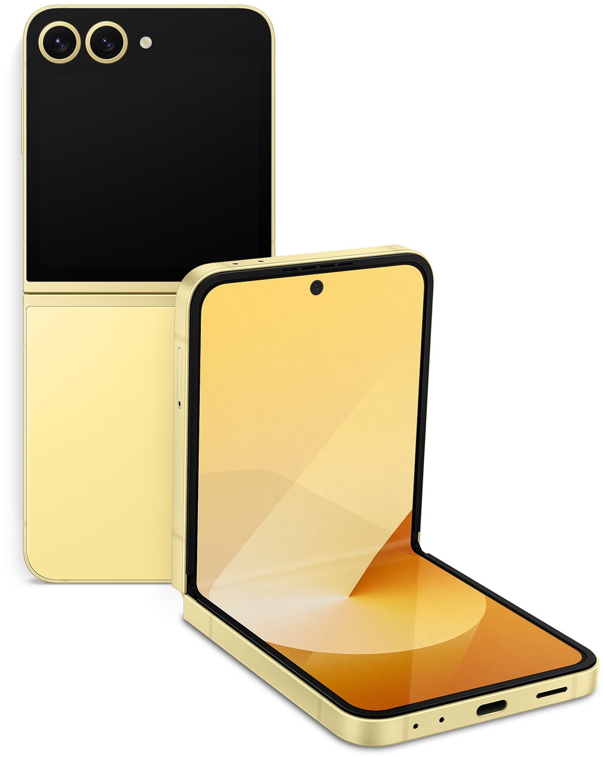 A Galaxy Jet Flip Six Yellow with the camera open and visible, and a Jet Flip Six Yellow with the camera open at ninety degrees in front of it, showing the wallpaper screen. The product background is an image of a single white circular ring peeking through yellow puffy clouds. Background image has been created by generative AI (Photoshop AI).