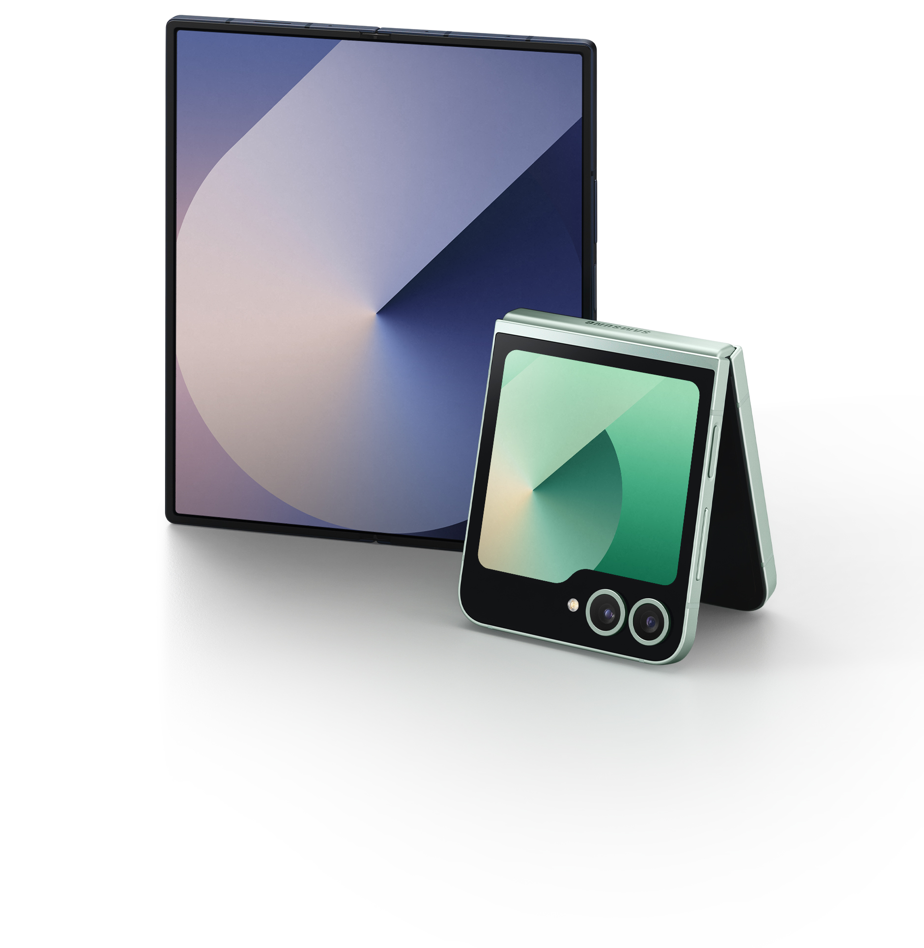 The Galaxy Z Fold Six is shown 180 degrees open, with a wallpaper on the display. Next to it, the slightly open Z Flip Six shows a display with wallpapers floating on the front where the camera is located