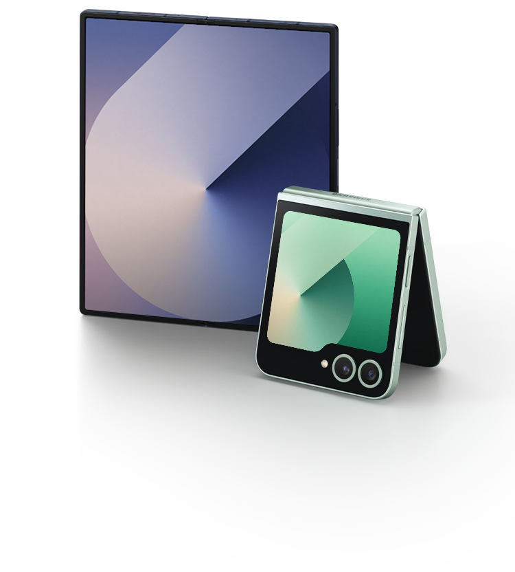 The Galaxy Z Fold Six is shown 180 degrees open, with a wallpaper on the display. Next to it, the slightly open Z Flip Six shows a display with wallpapers floating on the front where the camera is located