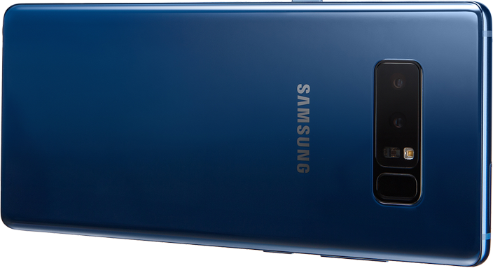 An image shows two Samsung Galaxy Note 8 overlapping, the device in front showing the camera screen on its display. 