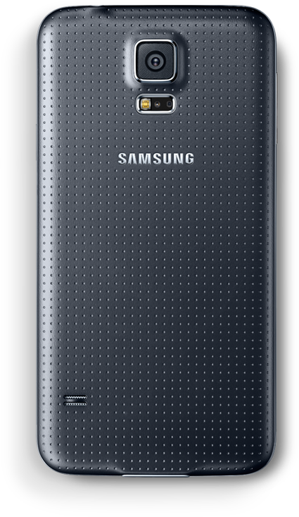 The back of Samsung Galaxy S5 is shown.