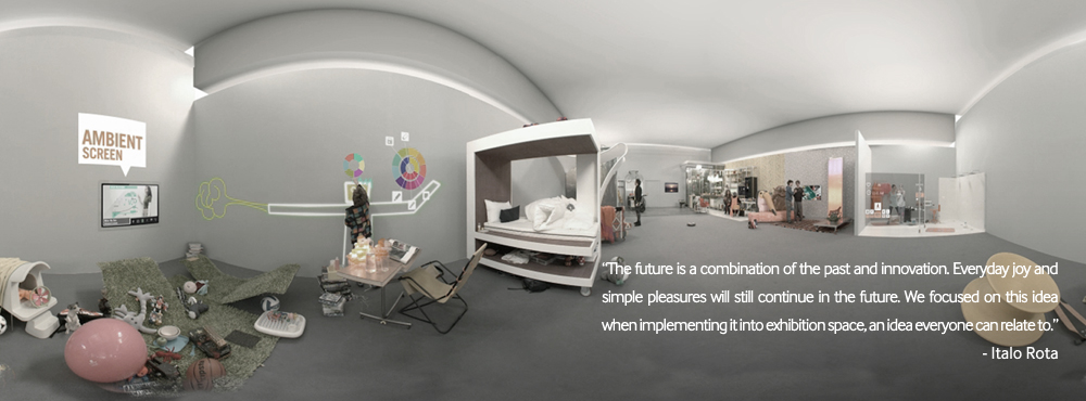 The animated exhibiting space by using the distributed Samsung tablets showed Samsung’s vision for a futuristic home that is harmoniously blended with technology. / “The future is a combination of the past and innovation. Everyday joy and simple pleasures will still continue in the future. We focused on this idea when implementing it into exhibition space, an idea everyone can relate to.” - Italo Rota
