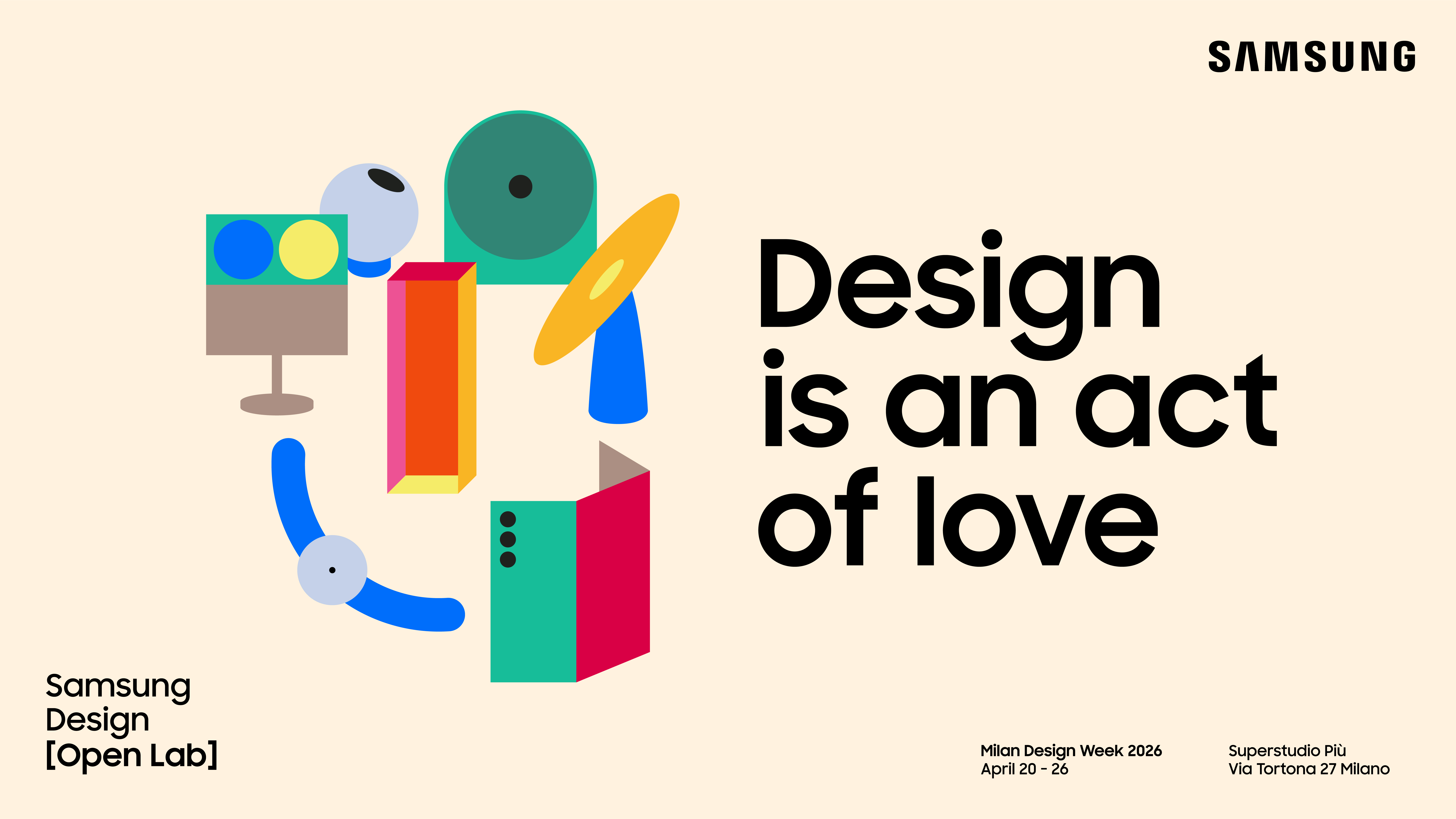 2026 밀란 디자인 위크 전시 포스터로, 선행 제품과 미래 디자인을 소개하며 기대감을 전한다.