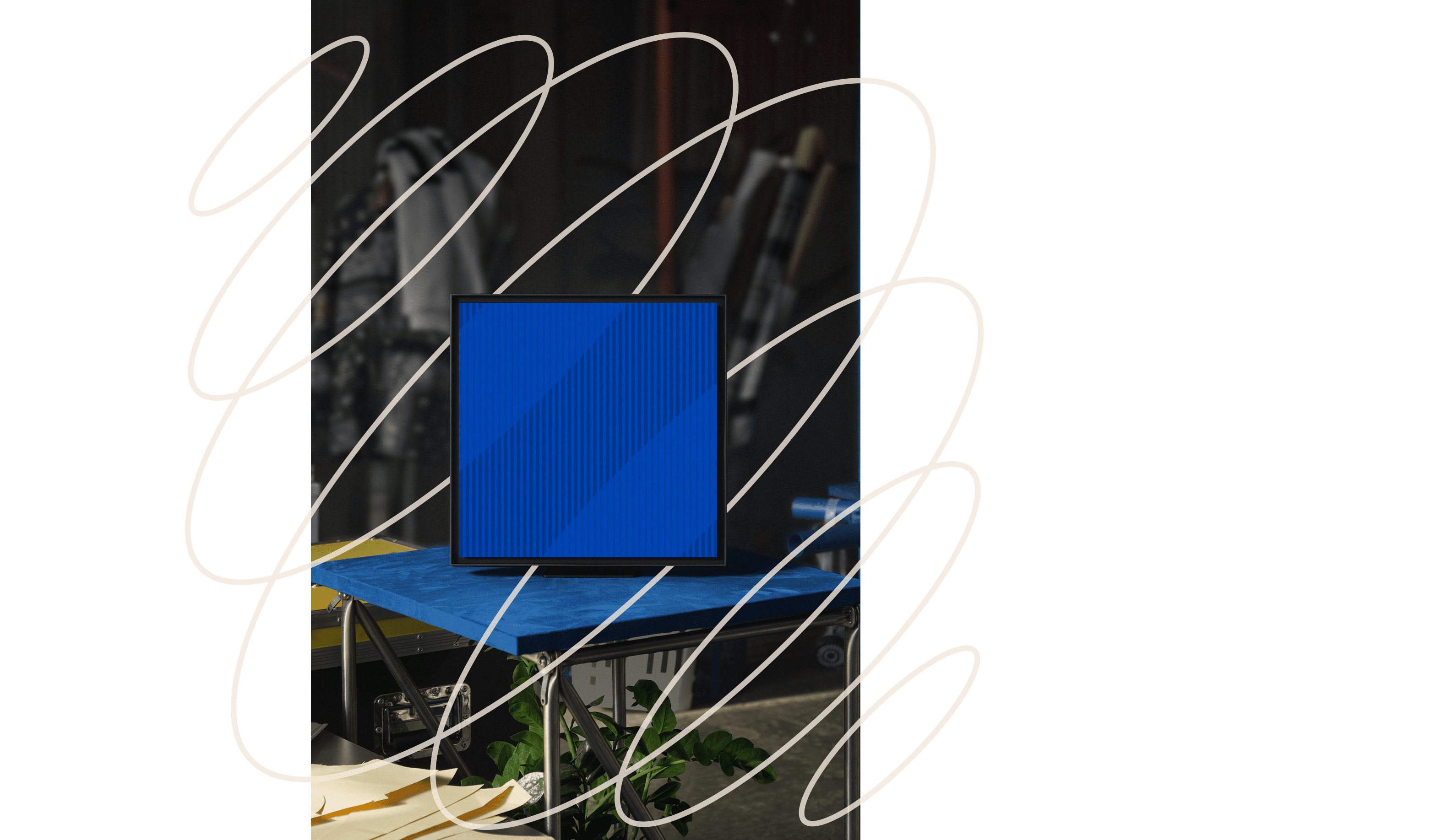 There is an image background behind the Music Frame product that looks like it is emitting sound 360 degrees.  It is a diagonally framed spiral (spring) graphic.