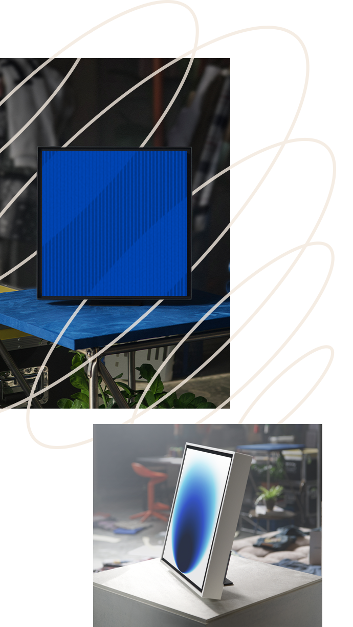 There is an image background behind the Music Frame product that looks like it is emitting sound 360 degrees.  It is a diagonally framed spiral (spring) graphic.