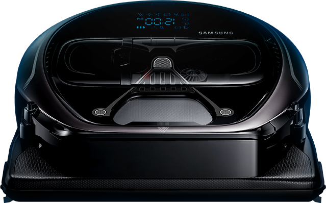 A Darth Vader POWERbot robot vacuum cleaner sits against a space background underneath the Star Wars logo. Beneath the vacuum, text begins to appear the same way as the opening crawl from the Star Wars movie.