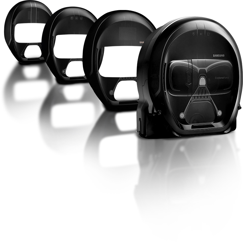 The shape of the Darth Vader POWERbot (VR7000) is displayed side by side with the Stormtrooper version.