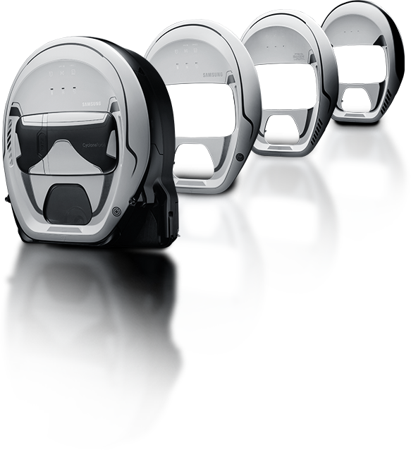 The shape of the Darth Vader POWERbot (VR7000) is displayed side by side with the Stormtrooper version.