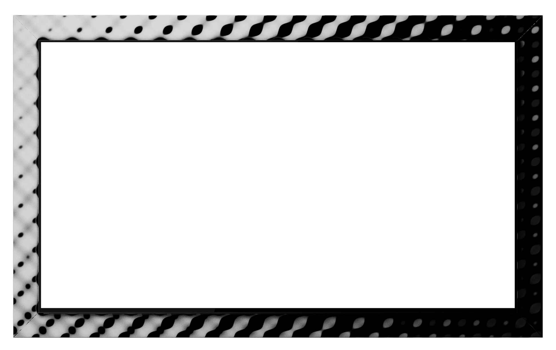 Inside a black-and-white wavy frame, the black rounded center of the Music Studio 5 is shown. Blue lines extend outward in layered arches.