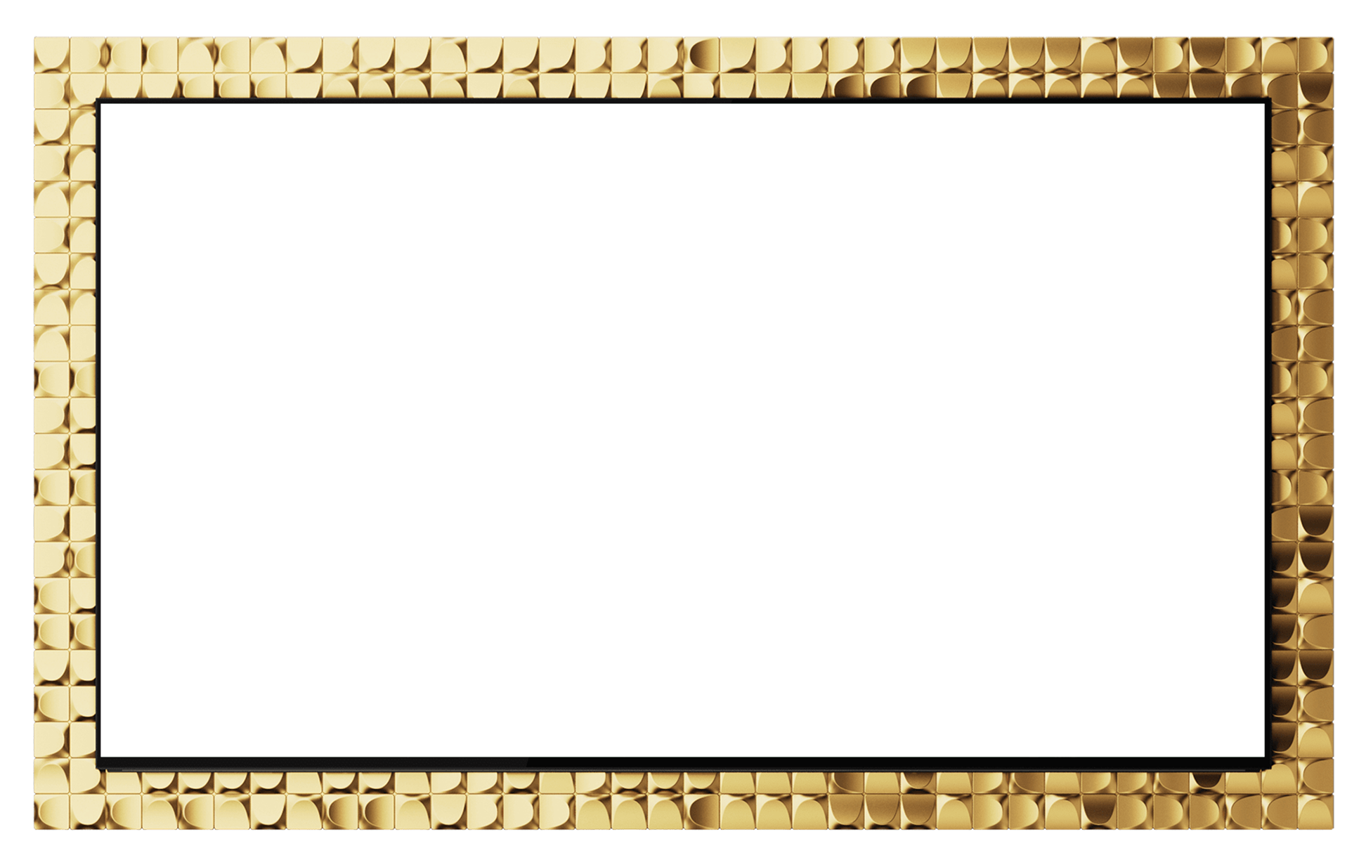 Inside a frame of repeating gold square tiles, a Galaxy XR is centered. Against the black background, stars, colorful dots, small horses, shapes, and white text circle around the Galaxy XR.