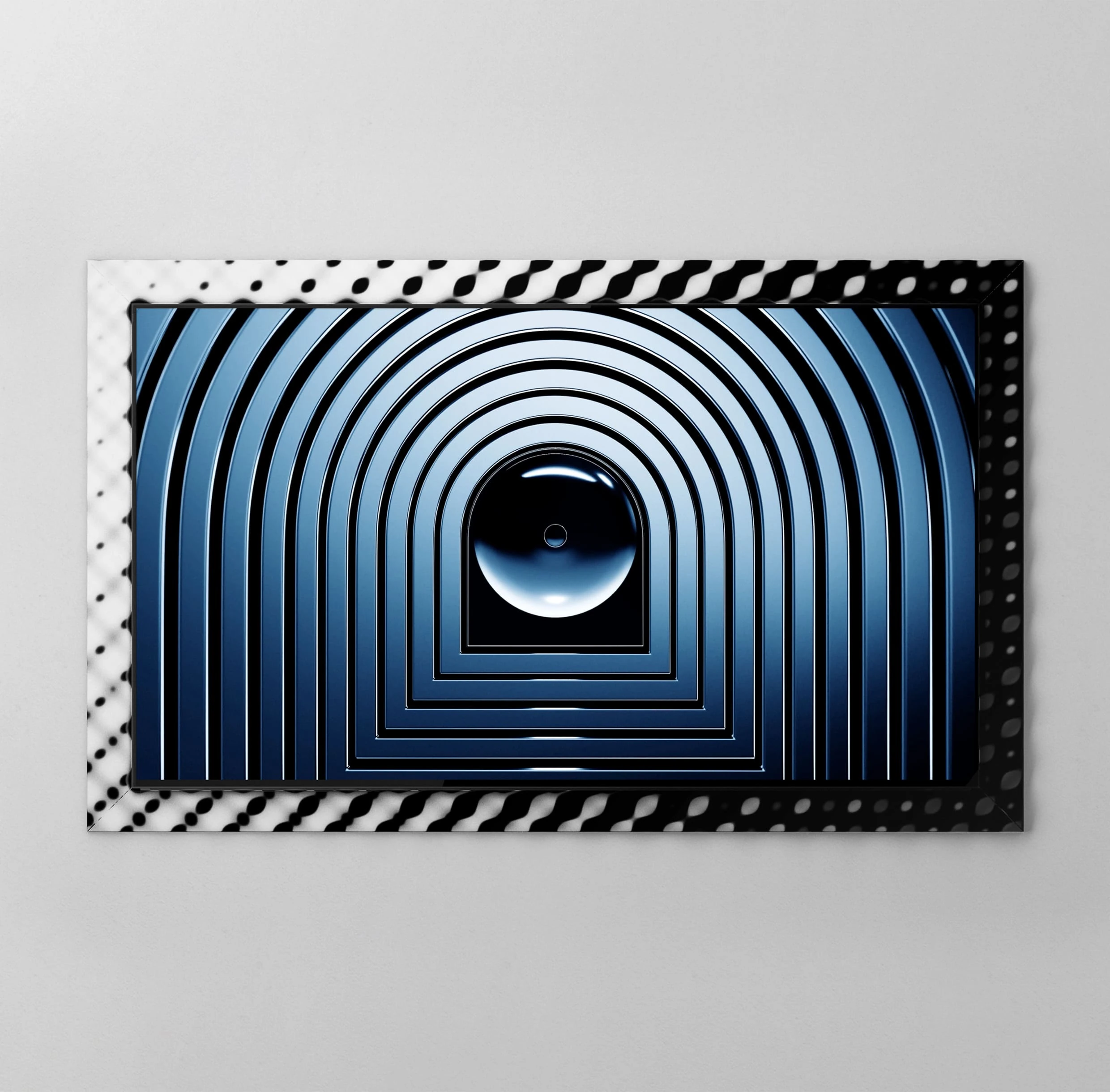 Inside a black-and-white wavy frame, the black rounded center of the Music Studio 5 is shown. Blue lines extend outward in layered arches.