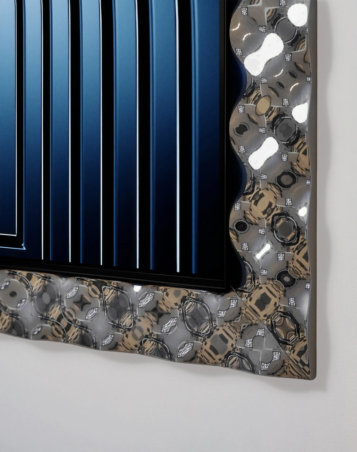 Inside a black-and-white wavy frame, the black rounded center of the Music Studio 5 is shown. Blue lines extend outward in layered arches.
