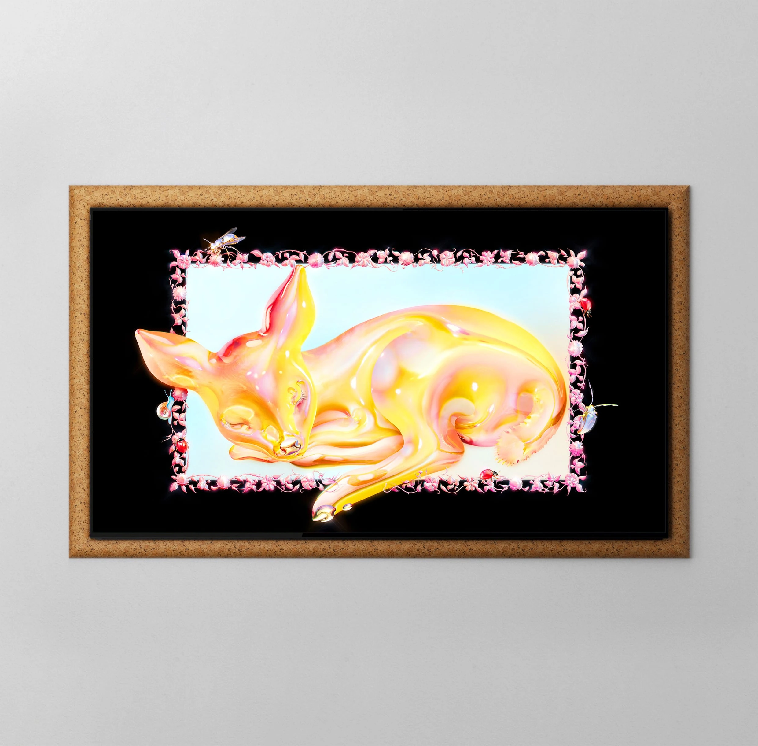 An OLED S95H TV with a black screen sits inside a brown speckled frame. On the screen, a shiny golden deer curls up asleep in a pale-blue space bordered by pink flowers.