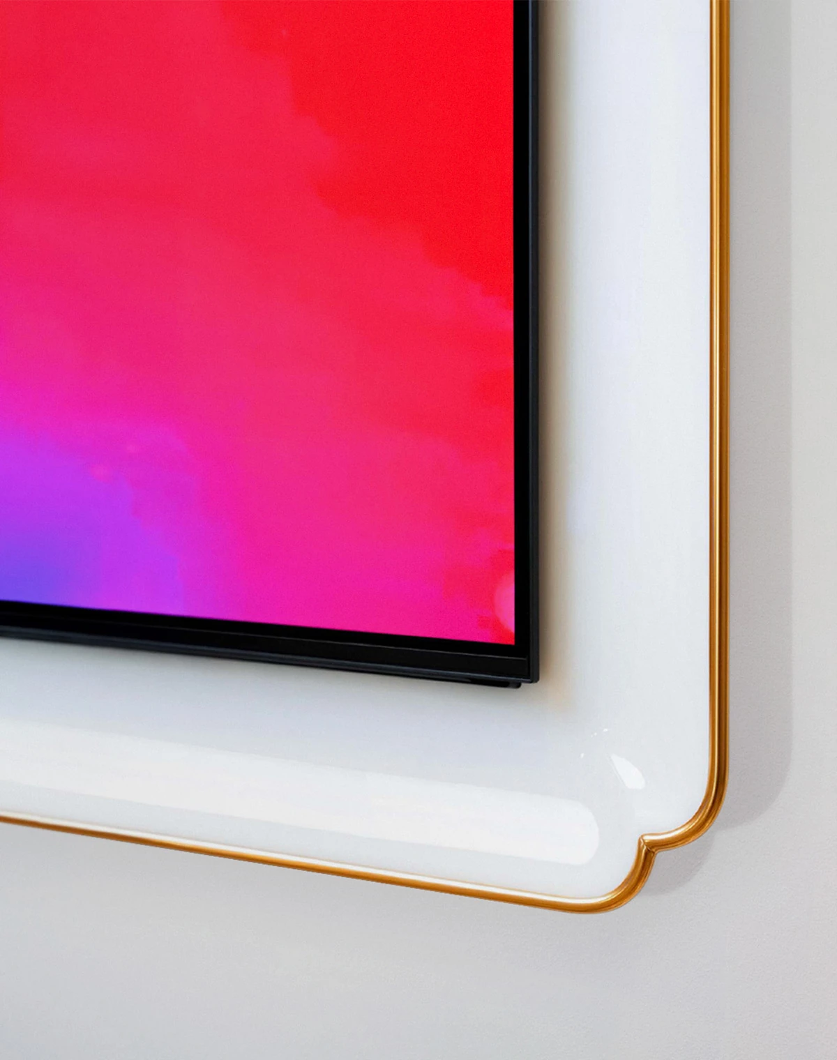 Inside a white frame, the Bespoke AI Steam Ultra robot vacuum appears as a silver circular form at the center of the screen. Large blue and black circles and curves overlap against an orange background.