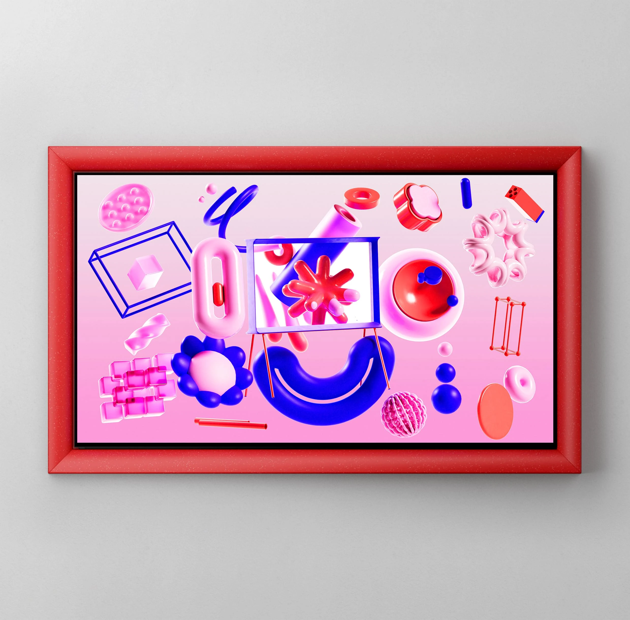 Inside a red frame, The Serif is centered on a pink screen. Blue rings and curved forms, along with pink cloud-like shapes, circles, and rectangles, are projected onto the screen or float around The Serif.