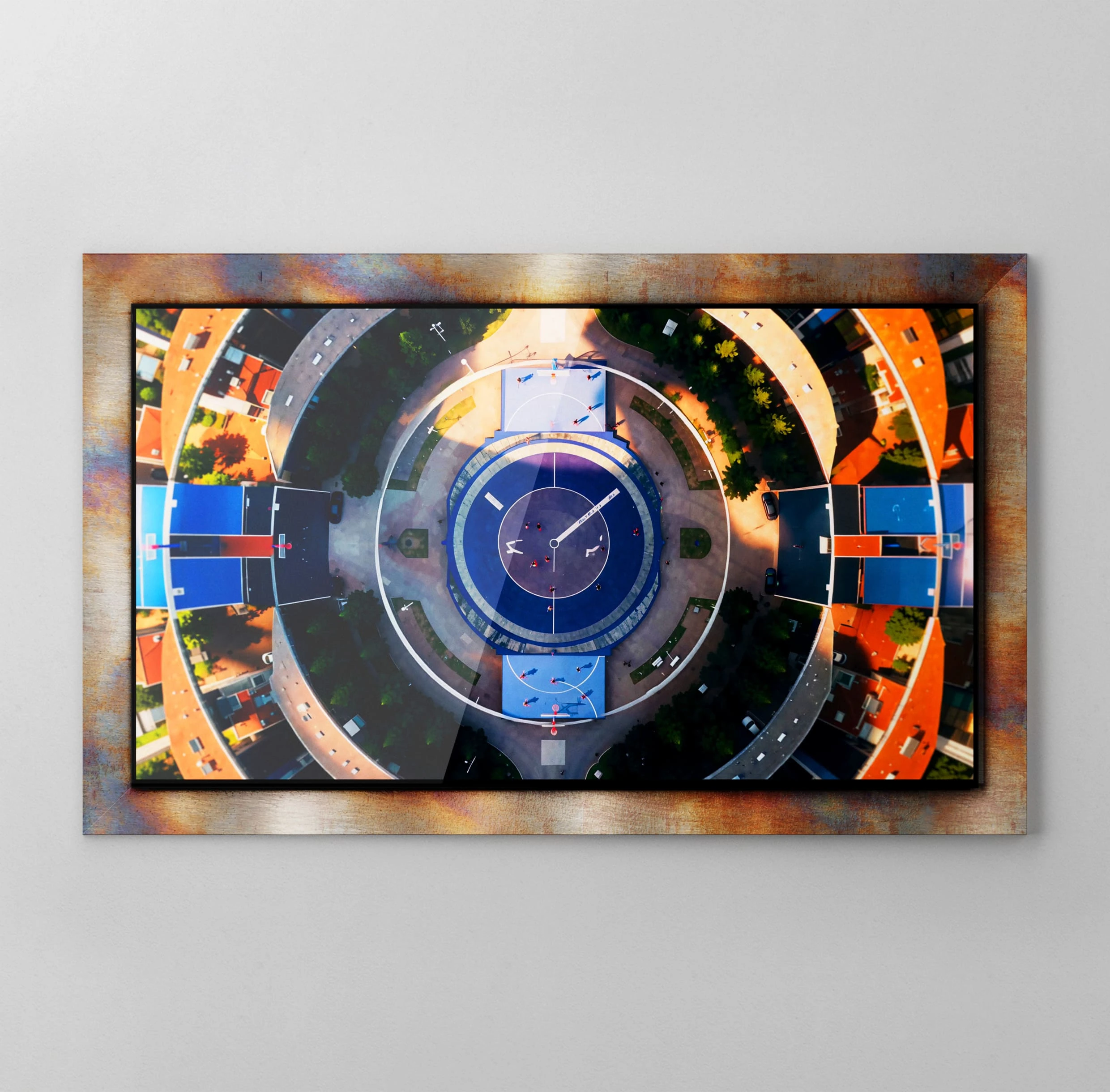 Inside a brown metal frame, a circular plaza resembling the round face of a Galaxy Watch is seen from above. Blue basketball courts sit symmetrically on either side, with tiny people moving across them.