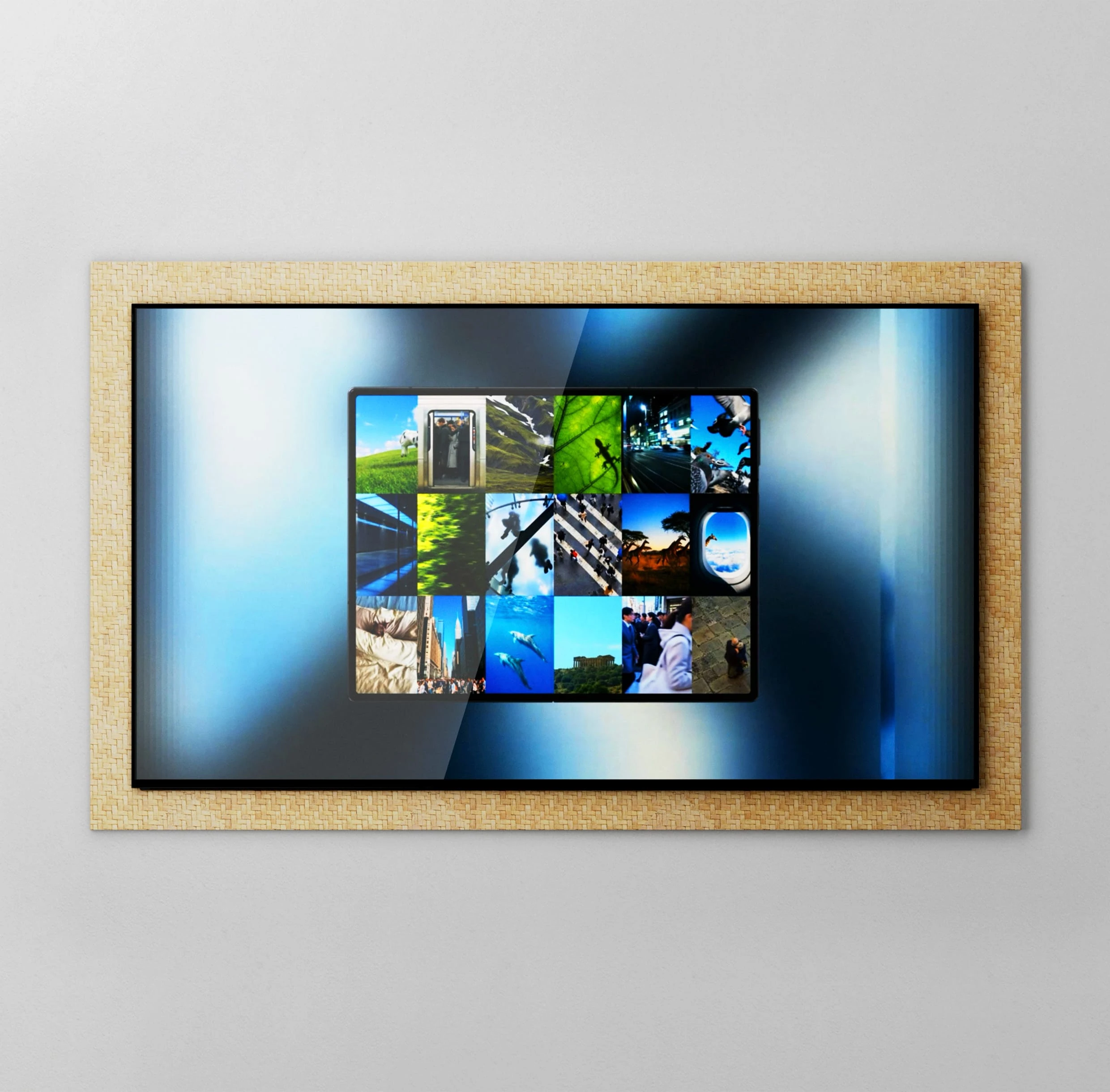 A screen with blue and silver light fills a light beige woven frame. At its center, a Galaxy Z Fold8 opens like a book, displaying a grid of small images of nature, cities, and people.