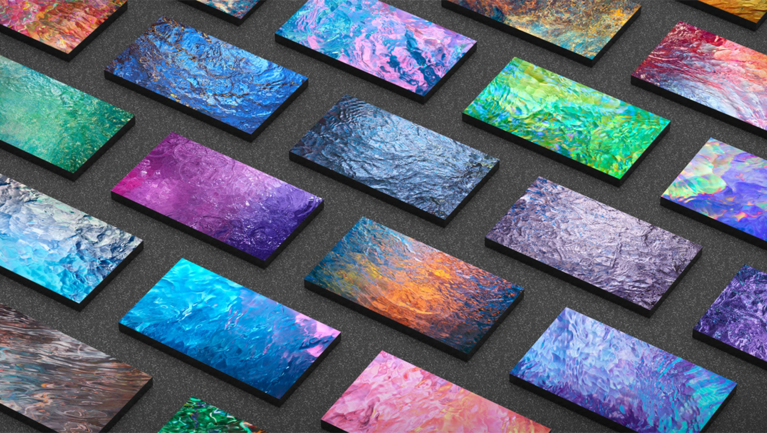 This image is a light and various props that capture the wavelengths and light reflections of colorful water.