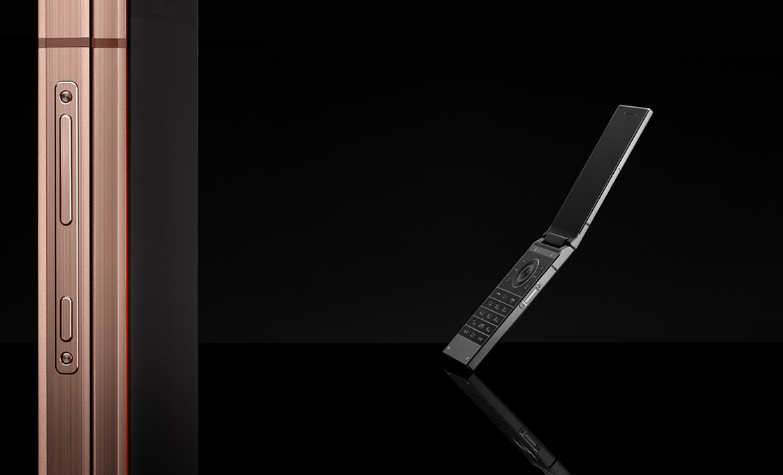 This is an image of Samsung W2019, a clamshell of the flip phone opened.