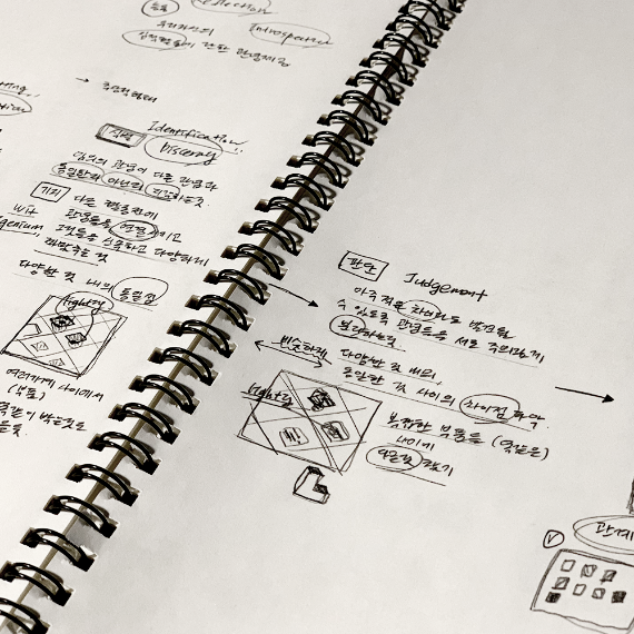 박하현 디자이너의 아이데이션을 위해 남긴 메모의 일부입니다.