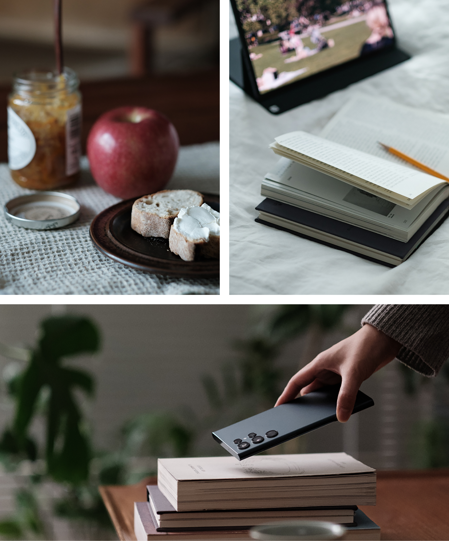 아침에 삼성 갤럭시 탭과 울트라S22 제품을 사용하는 이미지입니다.