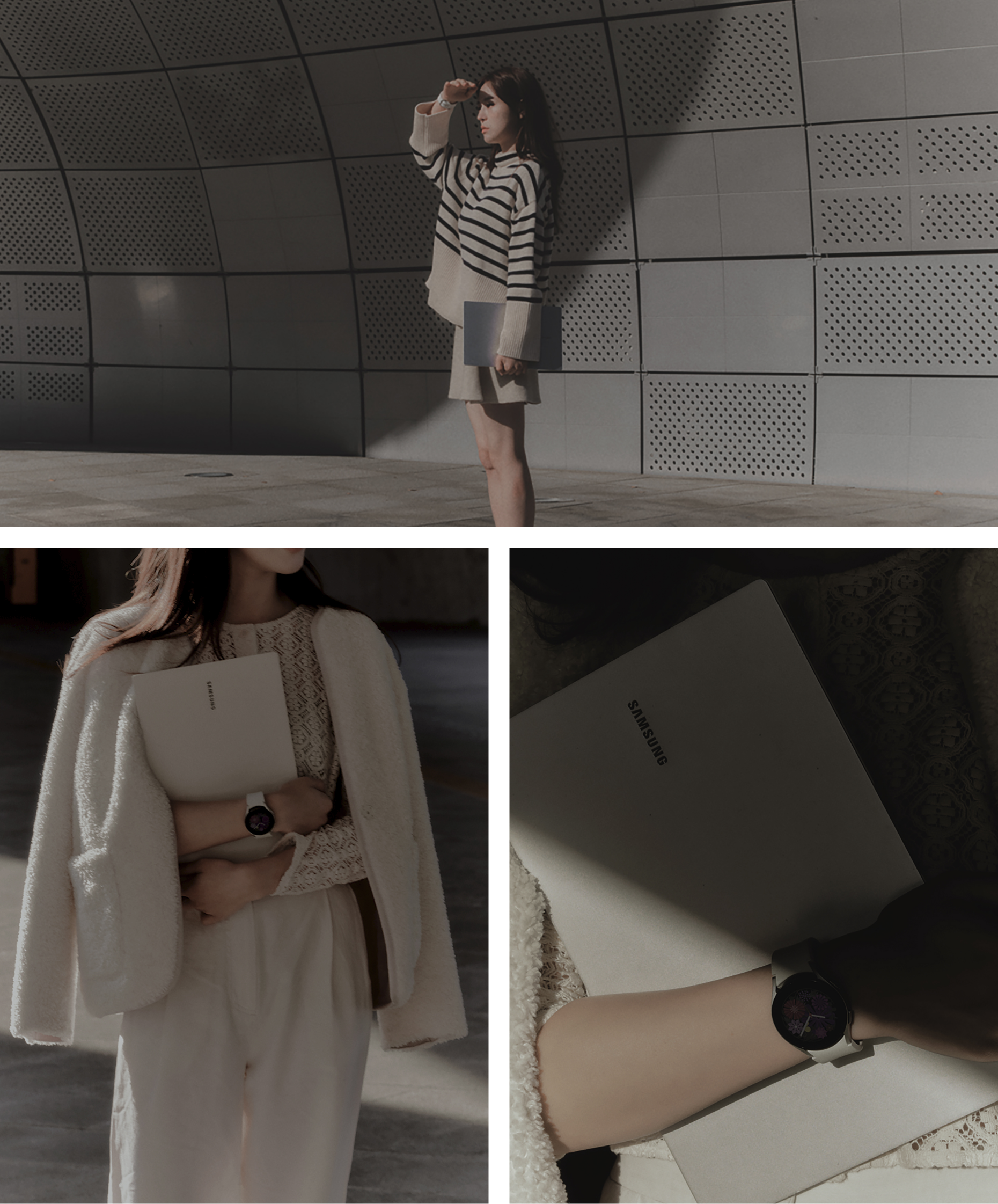 도심 속 갤럭시 워치를 착용하고 삼성 노트북을 들고 있는 여성 이미지입니다.