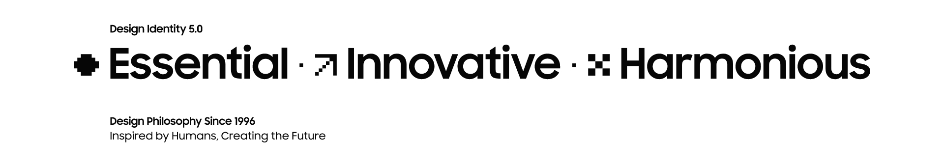 삼성의 디자인 철학 관련 텍스트 이미지. 디자인 아이덴티티 오점영 이센셜, 이노배이티브, 하모니어스라는 글자가 적혀 있다.