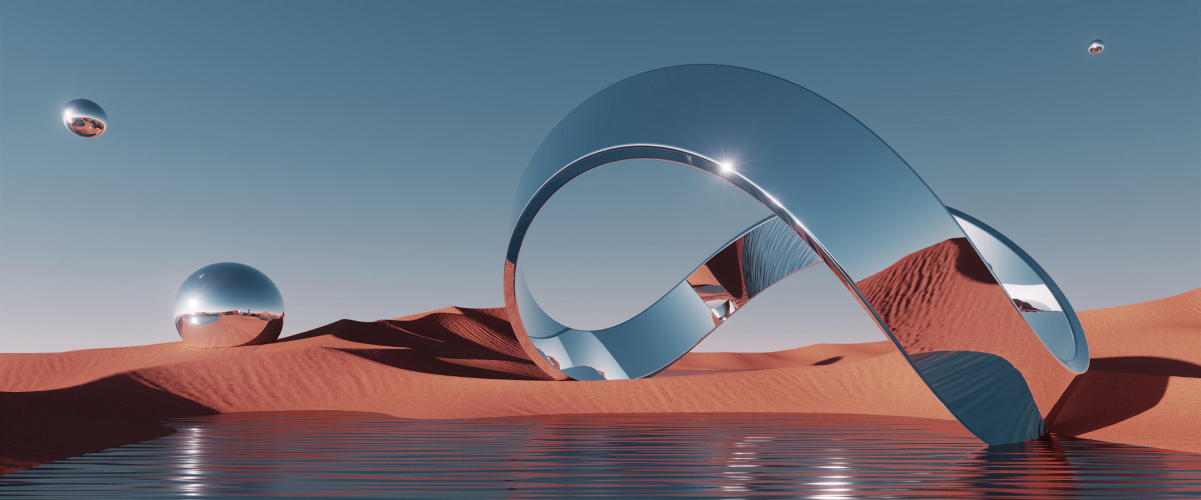 사각형 그리드 안에 사막과 오아시스가 있다. 사막 위에는 고리 모양, 원 모양 거울 조형물들이 있다.