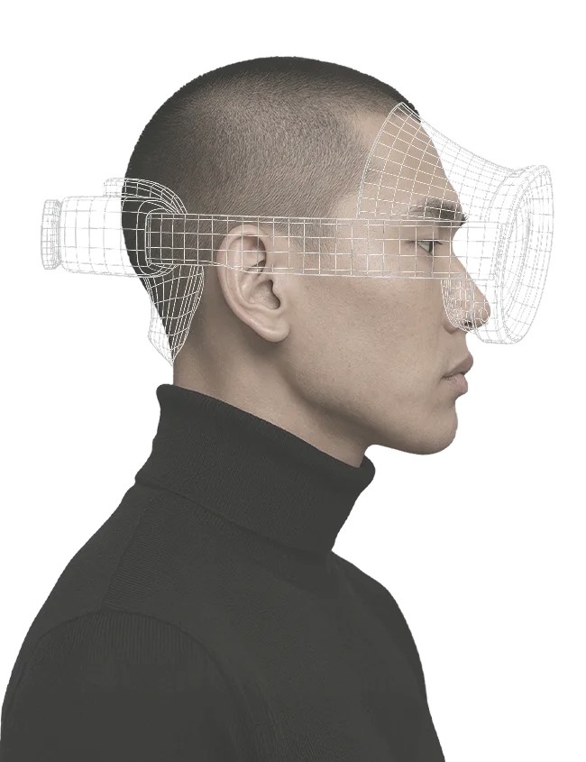 삼성 갤럭시 XR 제품이 다시 메시 형태로 변환되는 이미지. 실제 제품이 디지털 와이어프레임 구조로 전환되는 모습이 표현되어 있다.