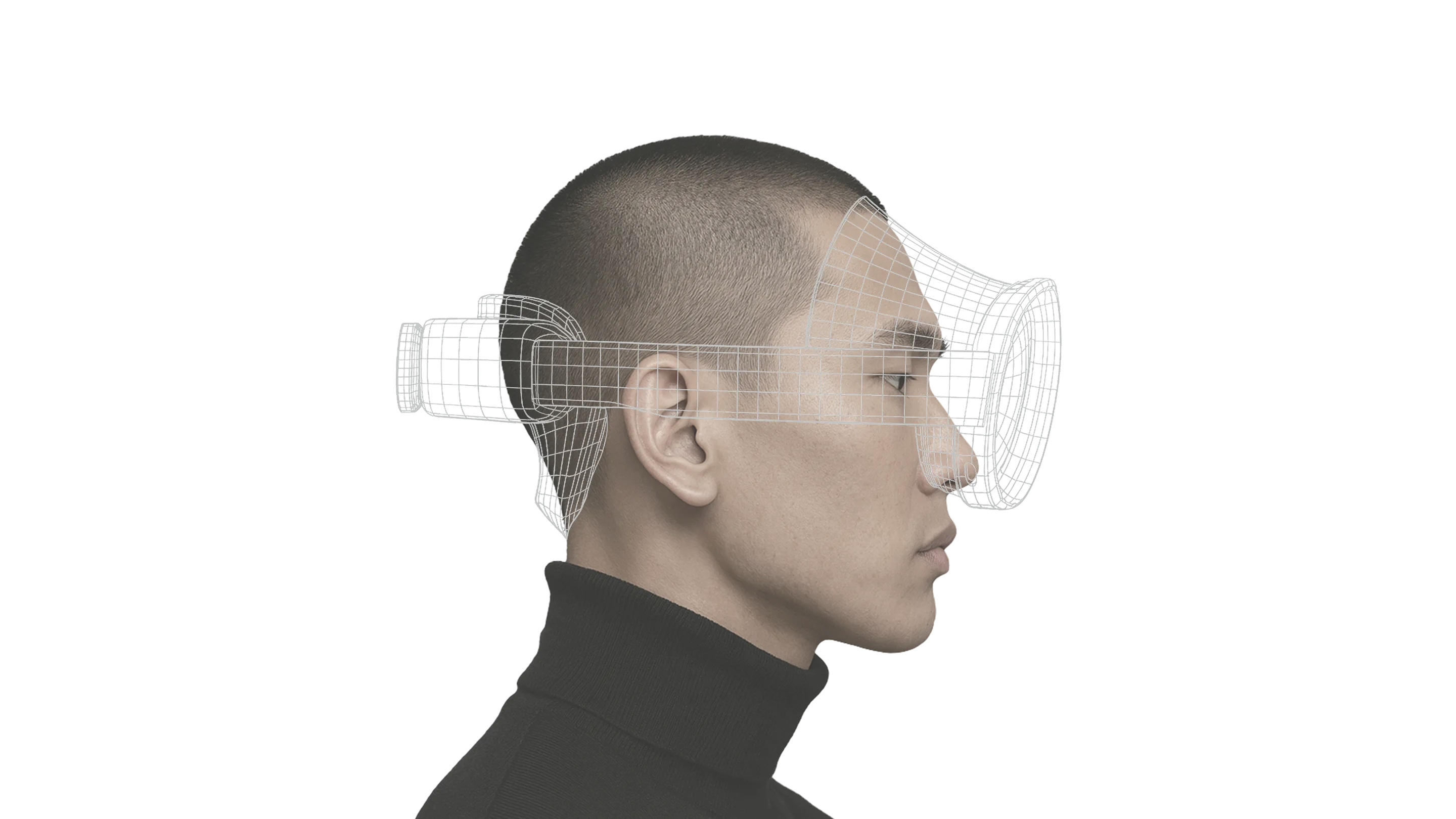 삼성 갤럭시 XR 제품이 다시 메시 형태로 변환되는 이미지. 실제 제품이 디지털 와이어프레임 구조로 전환되는 모습이 표현되어 있다.