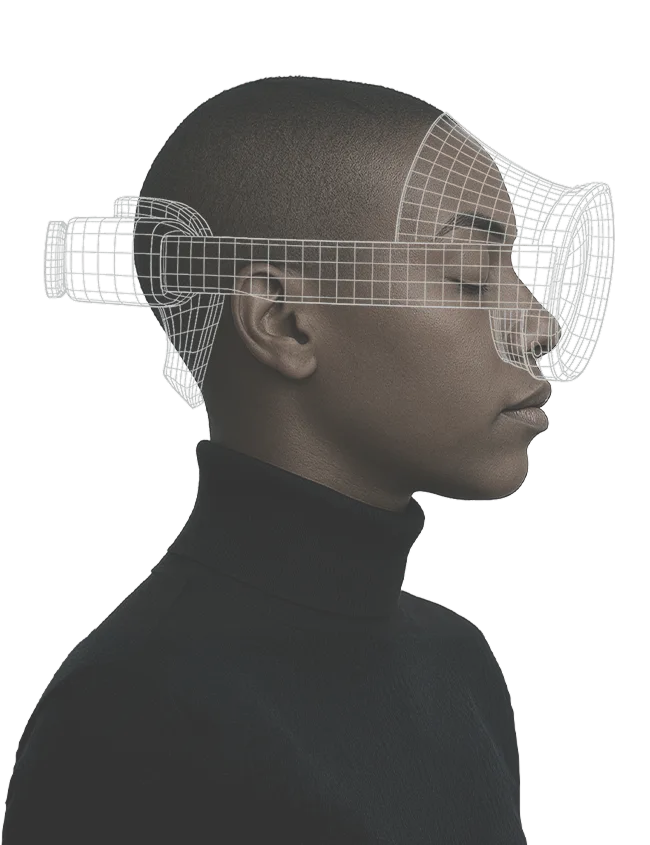 인물이 짧은 머리를 한 검은 피부의 여성으로 변환되는 삼성 갤럭시 XR 이미지.