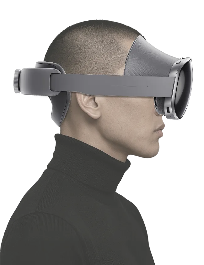 메시 라인으로 표현된 인물이 짧은 머리의 남성으로 변하는 삼성 갤럭시 XR 연출 이미지.