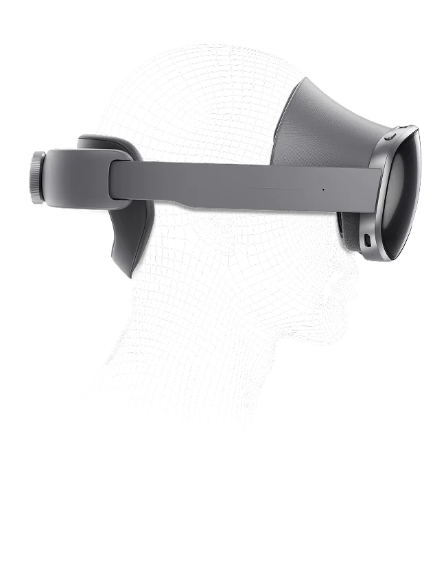 인물의 메시 라인 위에 삼성 갤럭시 XR 제품을 착용한 연출 이미지.