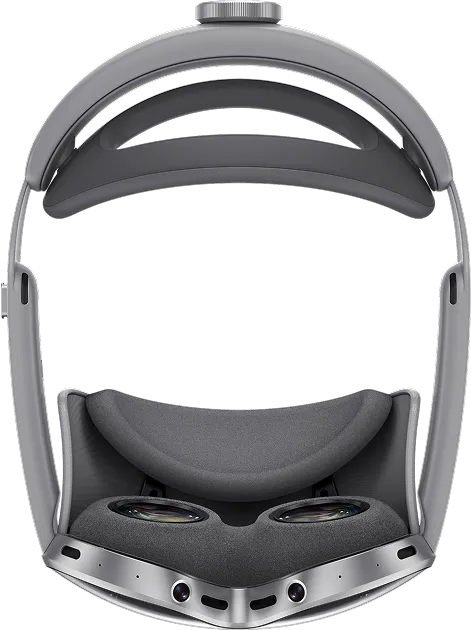 삼성 XR 헤드셋의 탑뷰 이미지. 안경 부분이 아래쪽을 향해 놓여 있고, 상단에는 머리 지지대가 위치한다. 눈가와 뒷머리 쿠션 부위에는 메쉬 소재가 표현되어 있다.