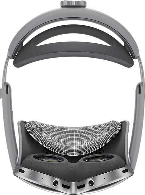 삼성 XR 헤드셋의 탑뷰 이미지. 안경 부분이 아래쪽을 향해 놓여 있고, 상단에는 머리 지지대가 위치한다. 눈가와 뒷머리 쿠션 부위에는 메쉬 소재가 표현되어 있다.