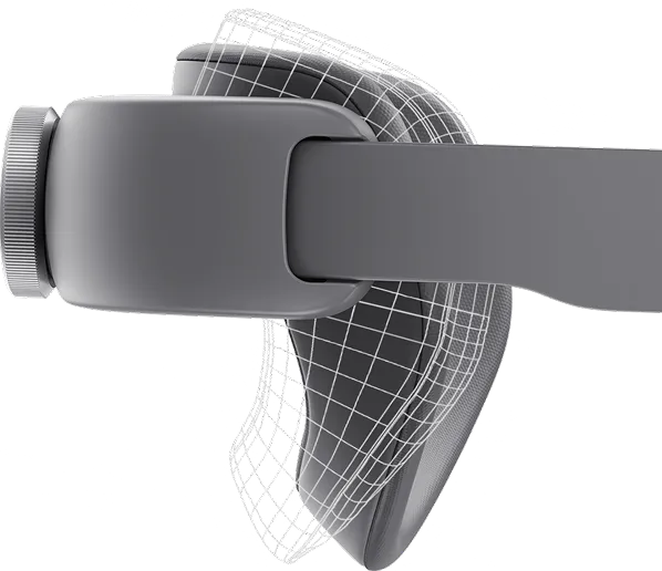 삼성 XR 헤드셋의 뒷통수 지지대 부분이 머리 각도에 맞춰 조절되는 가동성을 보여주는 이미지.