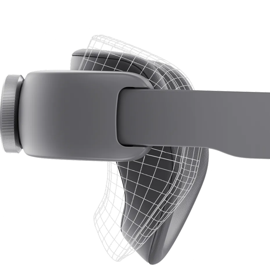 삼성 XR 헤드셋의 뒷통수 지지대 부분이 머리 각도에 맞춰 조절되는 가동성을 보여주는 이미지.