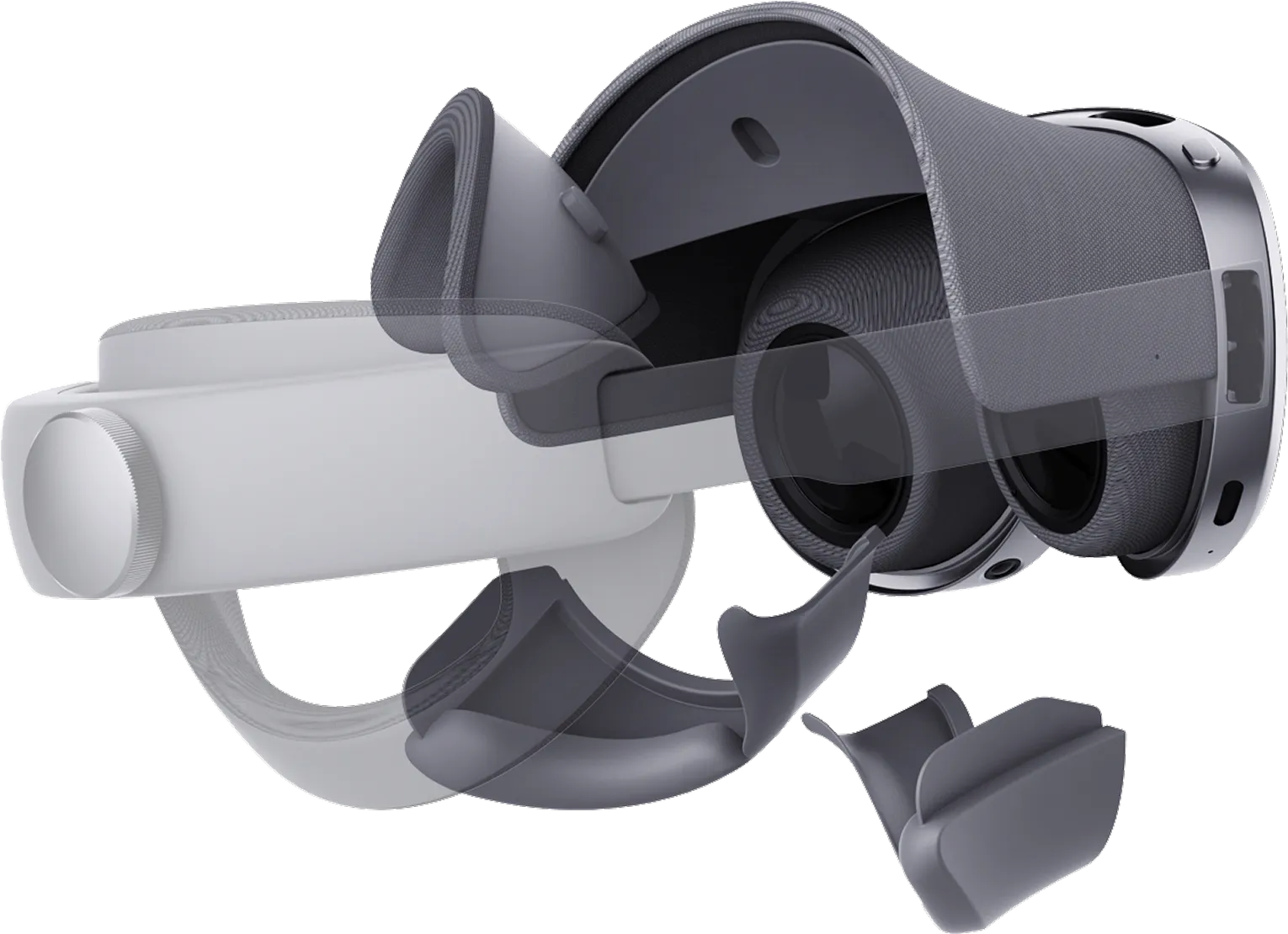 삼성 XR 헤드셋의 이마 쿠션과 스페이서, 시야를 차단하는 자석식 실드가 본체에서 분리되어 있는 이미지.