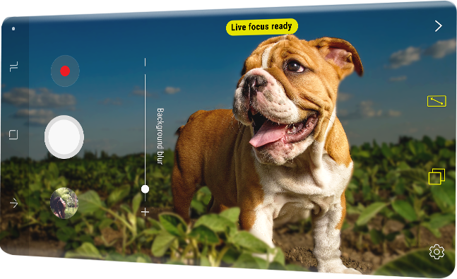 삼성전자 갤럭시 노트8 제품 2개가 겹쳐있고, 앞의 제품에 카메라 화면이 켜져 있습니다.