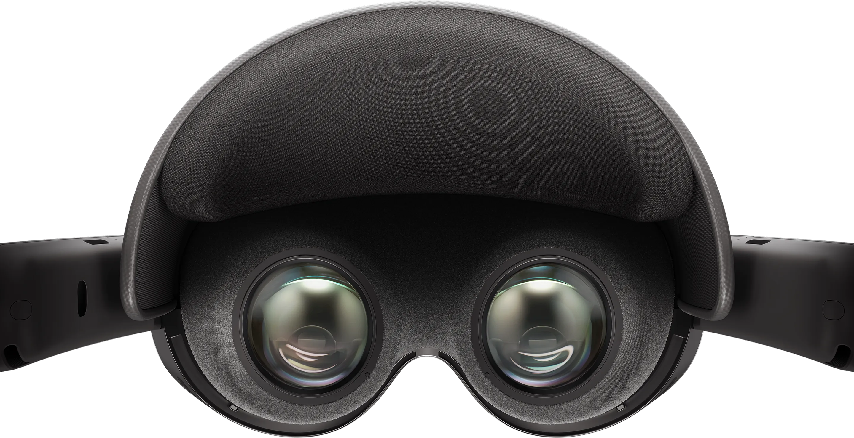 삼성 XR 헤드셋 내부 디자인 이미지. 좌우 렌즈가 있는 안경형 구조로, 얼굴이 닿는 눈·코·이마 부분에 회색 쿠션이 덧대어 있다.