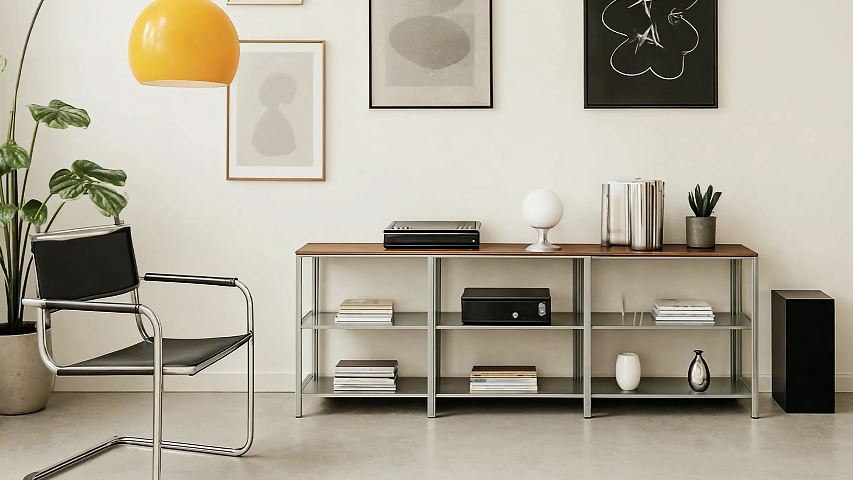 모던한 거실 인테리어 공간. 금속 프레임과 원목 상판의 선반 위에는 오디오 기기, 조명, 책, 화병 등이 놓여 있고, 왼쪽에는 블랙 가죽 의자와 화분이 배치되어 있다.